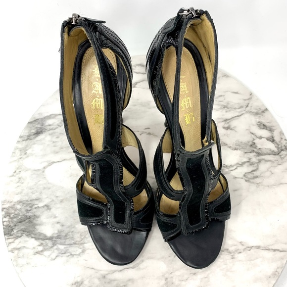 L.A.M.B. Gwen Stefani Two Tone Strappy Sandal Pumps Leather Black event 10 dress - Picture 6 of 16